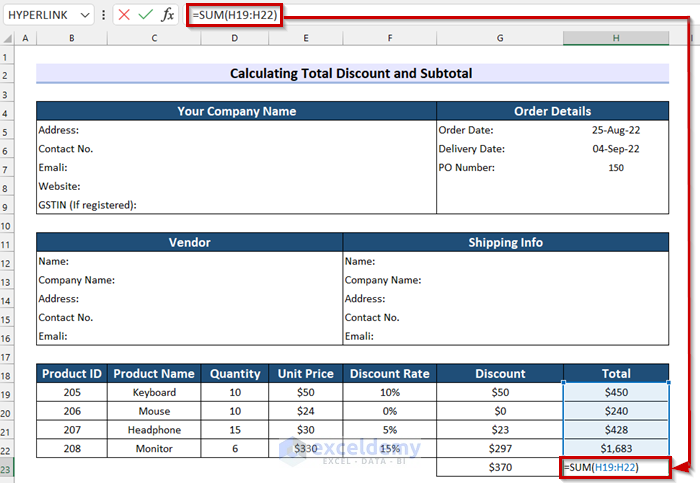 Calculating Subtotal in GST Purchase Order in Excel
