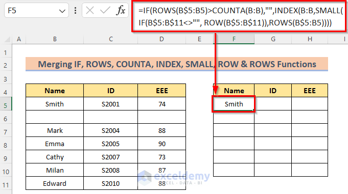 Merging IF, ROWS, COUNTA, INDEX, SMALL, ROW & ROWS Functions