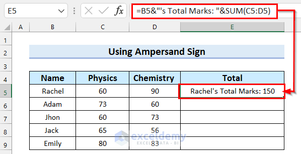 Using Ampersand (&) Operator to Combine Text and Formula in Excel
