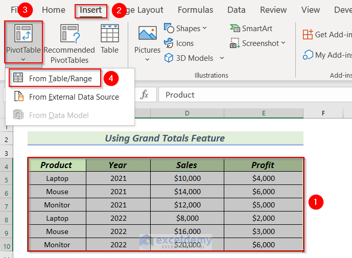 Inserting Pivot Table to Show Grand Total in Excel