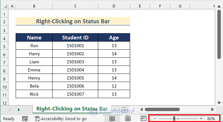 Right-Clicking on Status Bar to Zoom in Excel