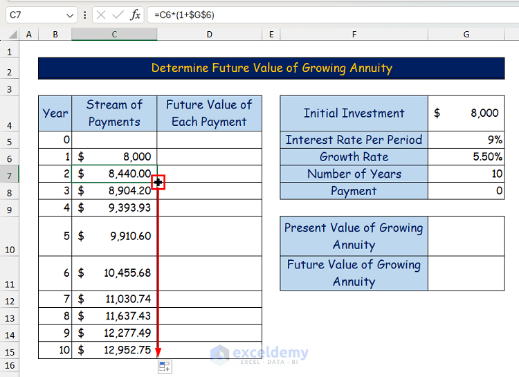 Using Fill Handle tool to Calculate Stream of Future Payments for the Remaining Years