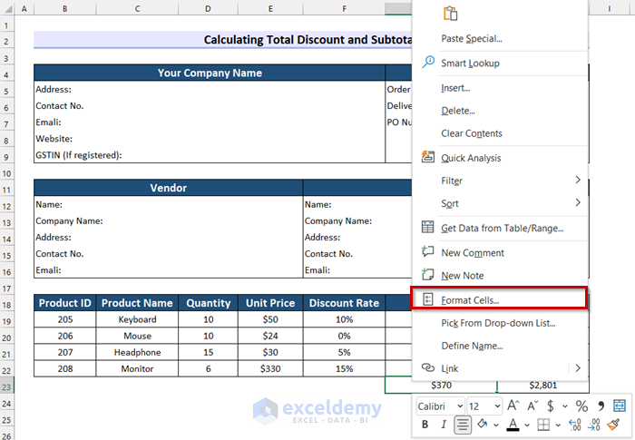 Formatting Cells in GST Purchase Order in Excel