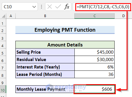 Employing PMT Function to Calculate a Lease Payment in Excel