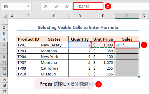 pressing CTRL+ENTER to insert formula to all visible cells in selected range