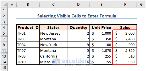 select visible cells to enter formula in excel