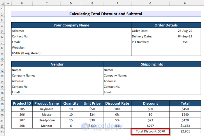 Customized Cell Format in GST Purchase Order Format in Excel