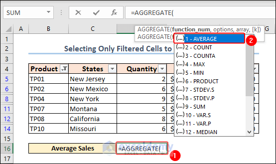 using AGGREGATE function in Excel