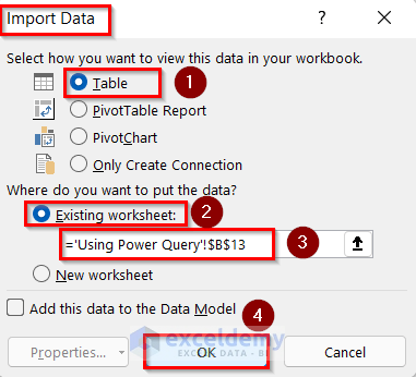 Opening Import Data box for Merge Table to Merge Two Tables in Excel with Common Column
