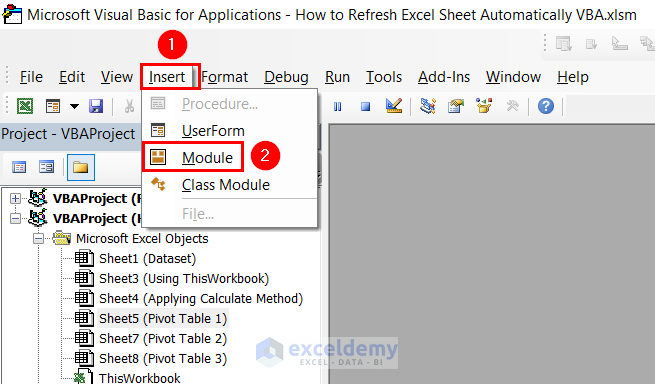 Inserting Module to Write VBA code to Refresh Pivot Table Automatically in Excel