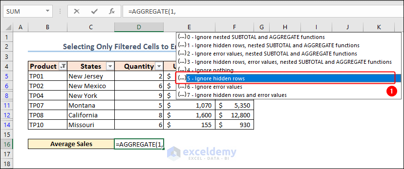 giving argument to ignore hidden rows in excel