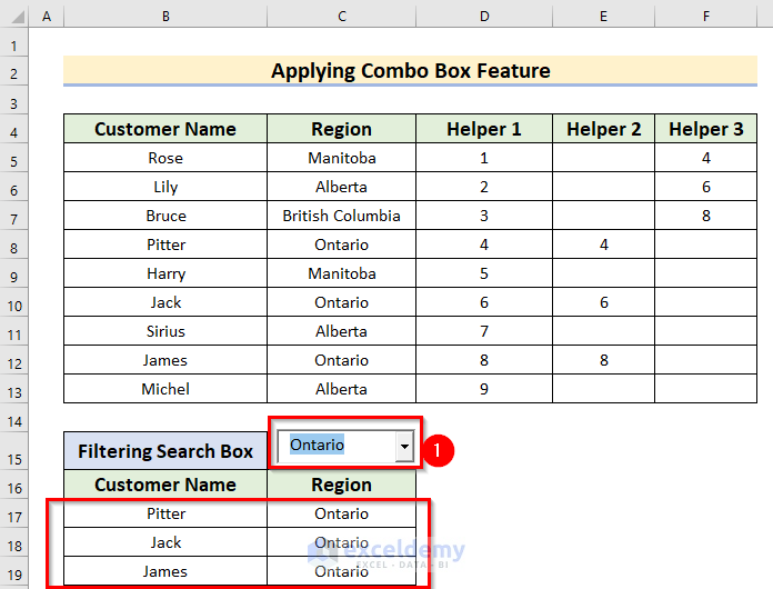 Result of How to Create a Filtering Search Box by Using Combo Box for Your Excel Data