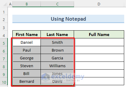 copying to notepad to merge two columns in excel without losing data