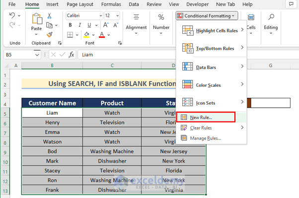 Opening New formatting Rule box to Create Search Box in Excel with Conditional Formatting