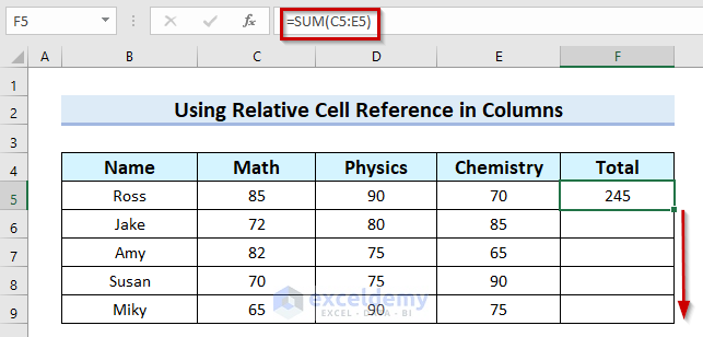 Use of Relative Cell Reference to Copy Formula in Columns