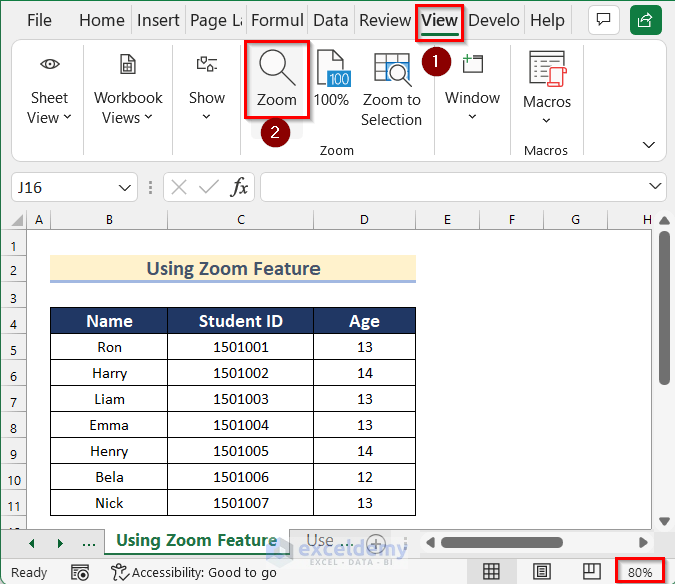 Using Zoom Feature from View Tab to Zoom When Zoom Slider Is Not Working in Excel