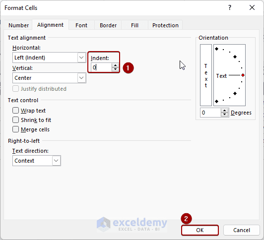 Removing Indent with Format Cells dialog box