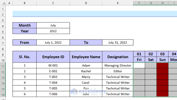 Highlighting Weekly Holidays in Monthly Staff Attendance Sheet in Excel