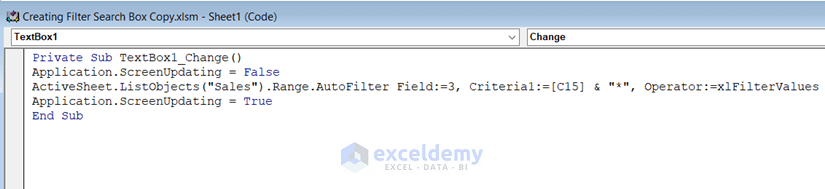 VBA Code in Text Box to Create a Filtering Search Box for Your Excel Data