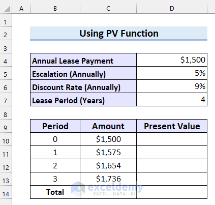 Using PV Function to Calculate Present Value of Lease Payment