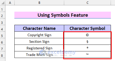 Inserting Special Characters in Excel Using Symbols Feature