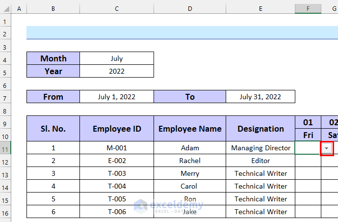 Creating Input Attendance in Monthly Staff Attendance Sheet in Excel