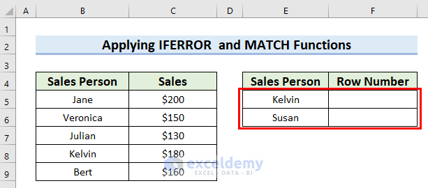 Applying IFERROR  and MATCH Functions to Find String in Column and Return Row Number in Excel