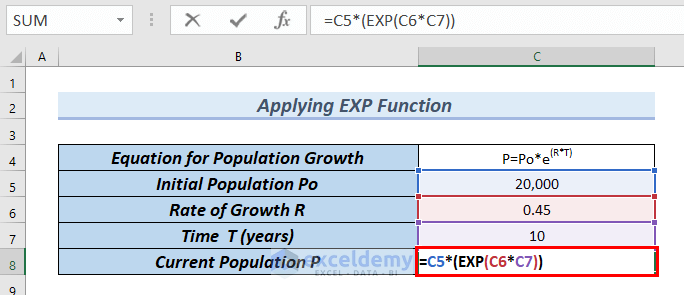 Applying exp function in Excel