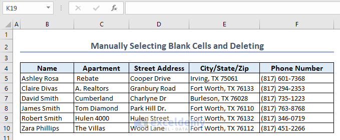Result after Manually selecting and deleting Blank Cells in Excel