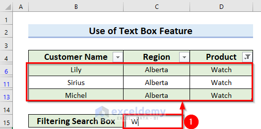Final Result of Using Text Box to Create a Filtering Search Box for Your Excel Data