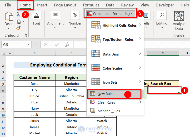 Use of Conditional Formatting to Create Filtering Search Box for Your Excel Data