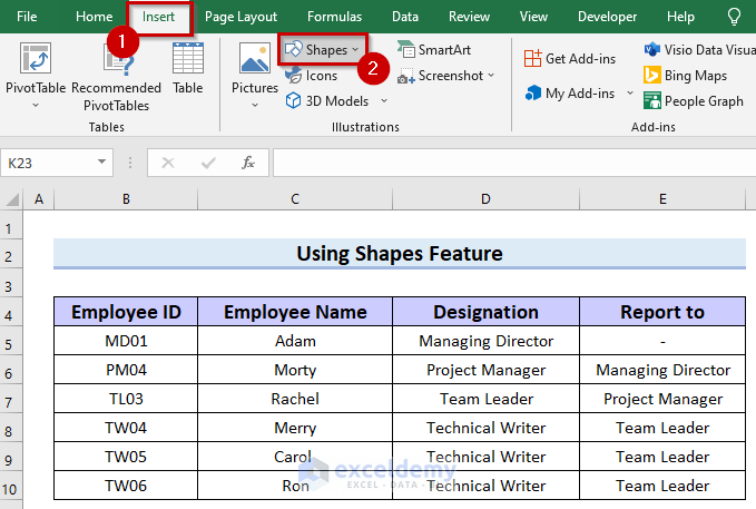 Using Shapes Feature to Make Hierarchy Chart in Excel