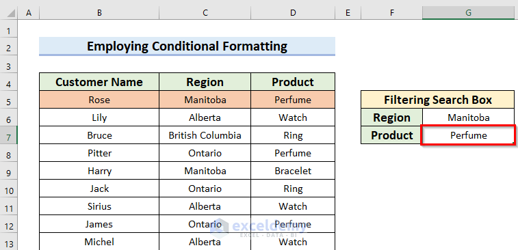 Result of Using Conditional Formatting to Create Filtering Search Box for Your Data