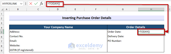 Using TODAY Function in GST Purchase Order Format in Excel