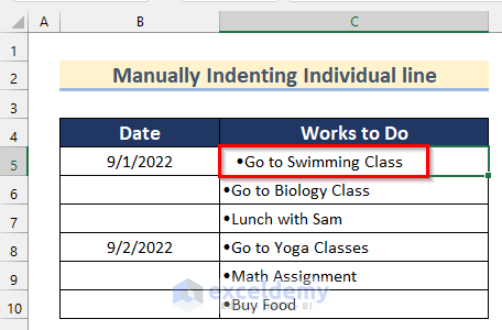 Manually Indenting Bullet Points in Excel