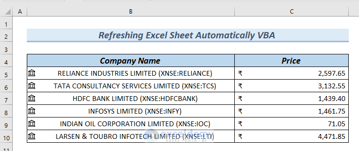Using Stock Data to Refresh Excel Sheet Automatically VBA