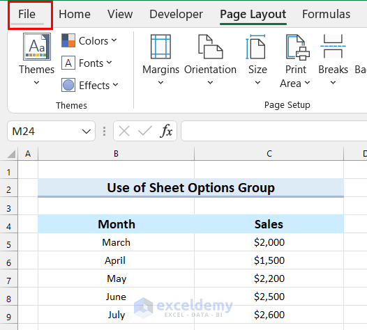 Use of Sheet Options to Show Gridlines in Excel When Printing