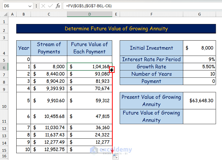 Using Fill Handle tool to calculate Future Value of Each Payment