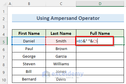 ampersand operator to merge two columns in excel without losing data