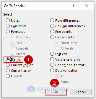 Selecting Blank in Go To Special Dialog Box