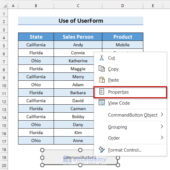 Changing Properties of CommandButton to Create a Search Box in Excel with VBA