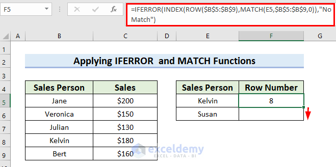 Dragging Fill Handle to Find String in Column and Return Row Number in Excel
