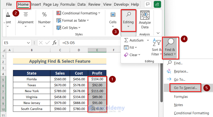 Applying Find & Select Feature to Select Specific Rows in Excel Formula