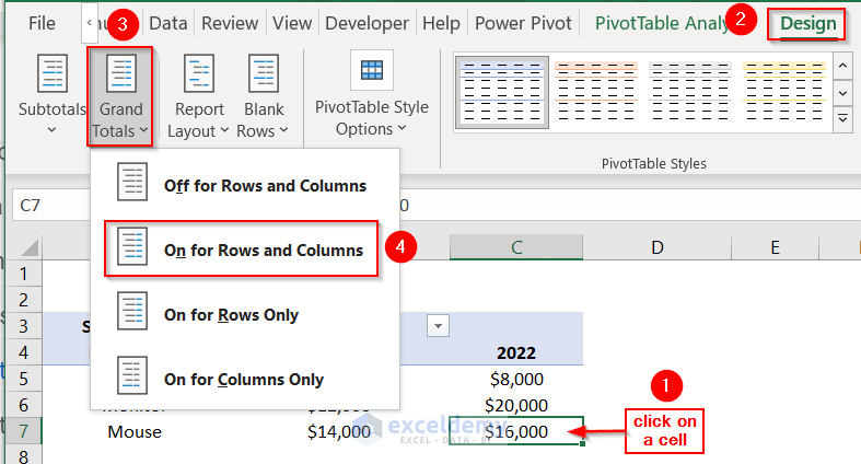 Applying Grand Total Feature to Show Grand Total in Pivot Table