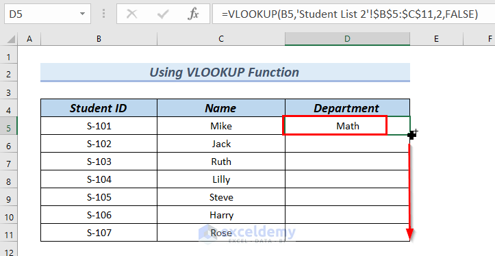 dragging VLOOKUP formula with Fill Handle tool to merge two Excel sheets