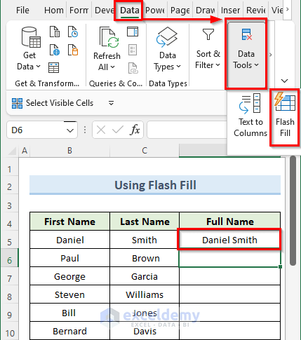 flash fill tool to merge two columns in excel without losing data