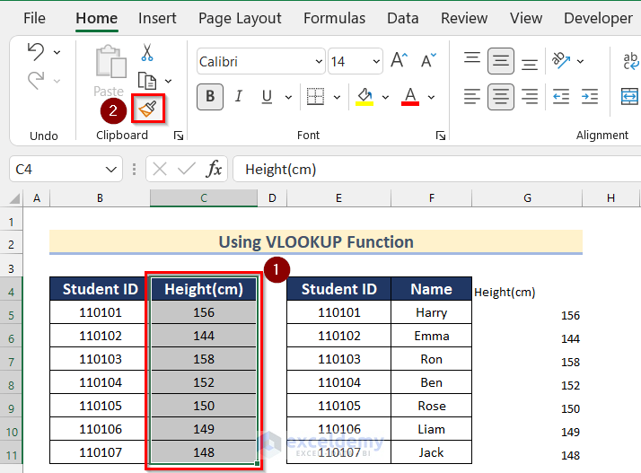 Using Format Painter to Copy Format to Merge Two Tables in Excel with Common Column