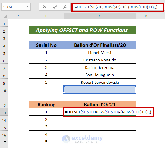 Applying OFFSET and ROW Functions