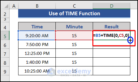 Formula based on the Excel TIME function to add 15 minutes