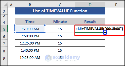 A formula add 15 min minutes based on the Excel TIMEVALUE function